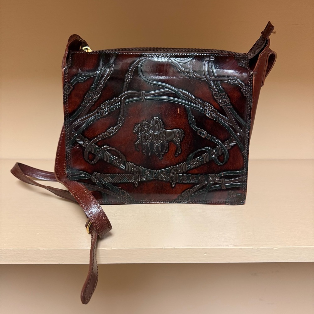 Cristian Brown Leather Bag With Embossed Horse Theme
